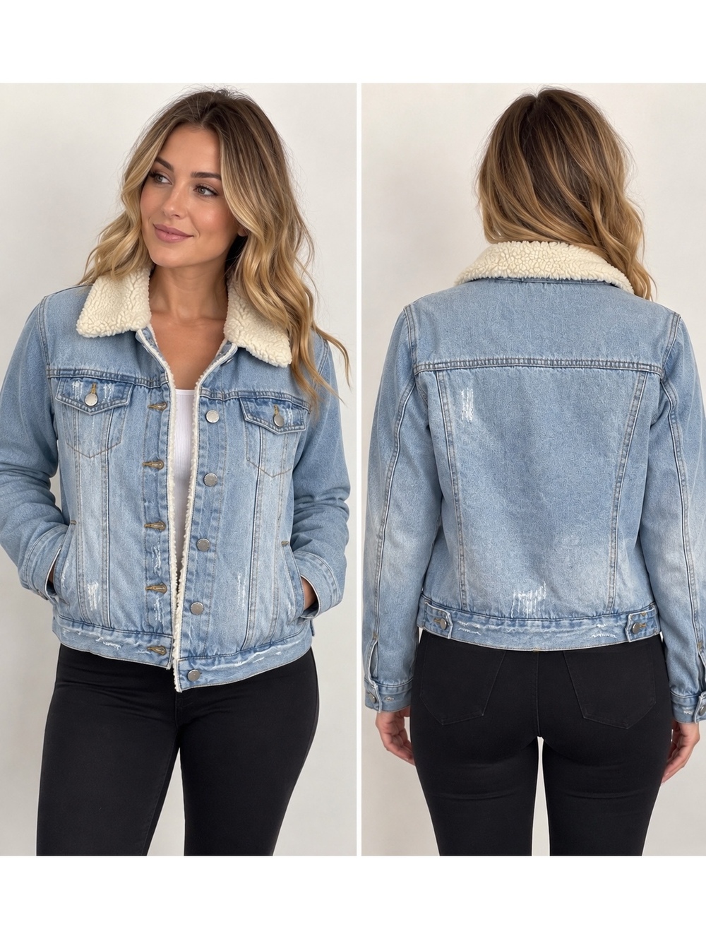 Ashley Vintage Charm Women’s L Sherpa Lined Distressed Denim Trucker Jacket